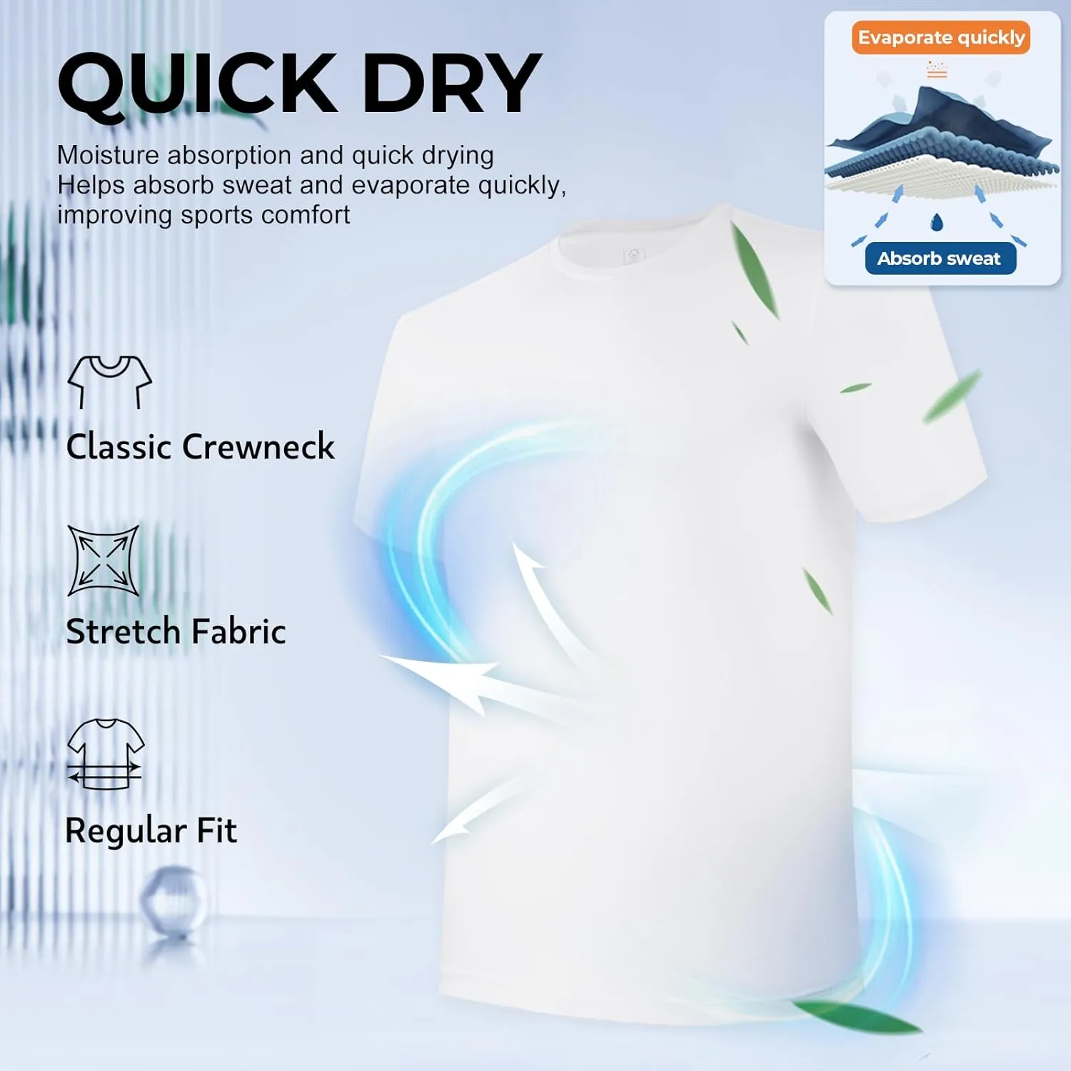 BAMBOO COOL Men's Undershirts Moisture-Wicking Tees Stretch Crew Neck Soft T-Shirts for Men,3 or 5 Pack