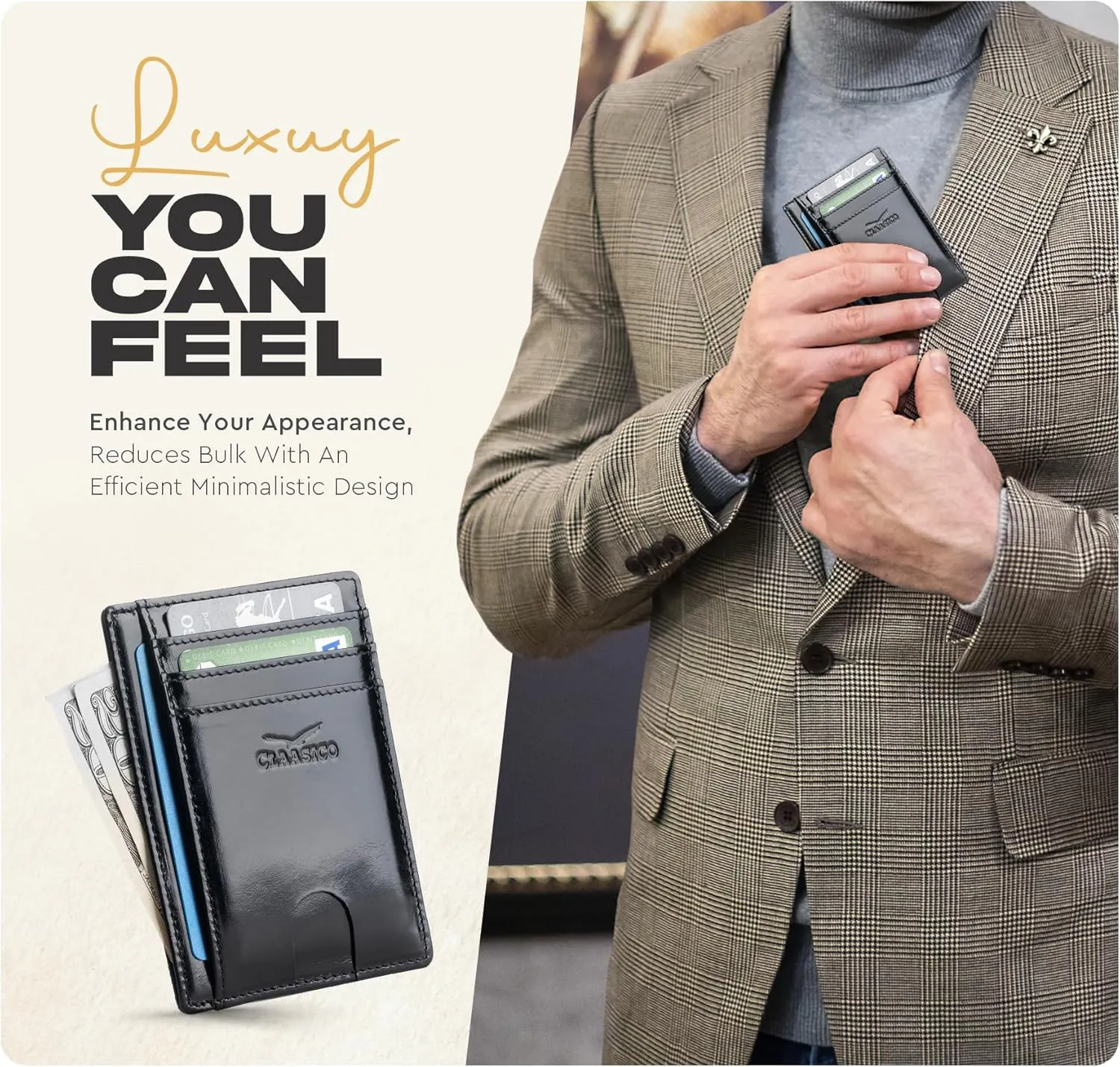 Claasico Front Pocket Small Mens Wallet RFID Blocking Genuine Leather Credit Card Holder