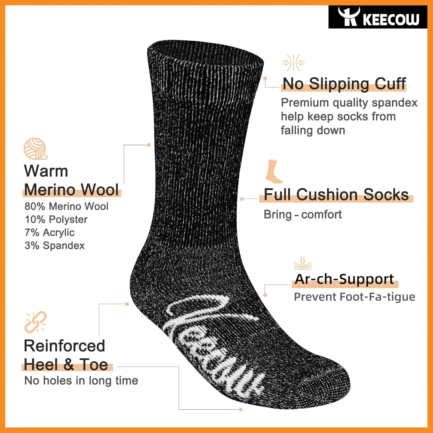 KEECOW Merino Wool Crew Socks For Men & Women, Thermal, Warm, Winter, Cushion, Hiking, Working, Running, 3 Pairs