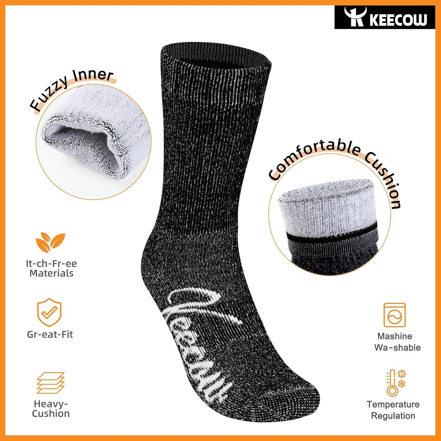 KEECOW Merino Wool Crew Socks For Men & Women, Thermal, Warm, Winter, Cushion, Hiking, Working, Running, 3 Pairs